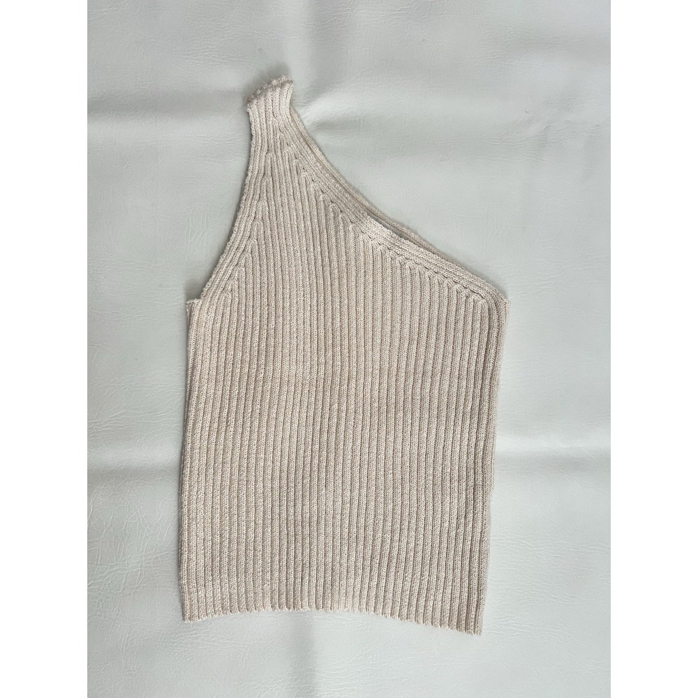 ⁠One Grey Day Revolve One Shoulder Ribbed Knit Top Medium Cream Ivory Luxury